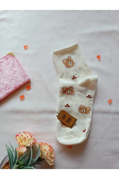 2 ÇİFT PAMUKLU KOKULU TEDDY KADIN ÇORAP YUMUŞAK DİKİŞSİZ AYICIK DESEN EKRU VE SİYAH ARA KONÇ 36 40 - Resim 6