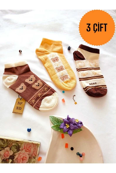 3 ÇİFT PAMUKLU DİKİŞSİZ PATİK ÇORAP KISA KONÇ DESENLİ KADIN ÇORABI 36-40 KAHVE SARI KAHVE ürün görseli 1