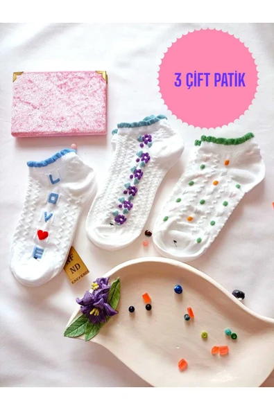 3 ÇİFT DİKİŞSİZ BURUN PATİK ÇORAP YUMUŞAK PAMUKLU KISA KONÇ DESENLİ KADIN 36-40 ürün görseli 1