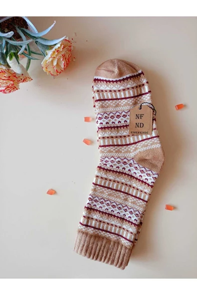 2 ÇİFT KALIN KIŞLIK YUMUŞAK ÇORAP YILBAŞI MOTİF ETNİK DESENLİ KADIN ÇORABI SÜTLÜKAHVE PEMBE 36-40 - Resim 3