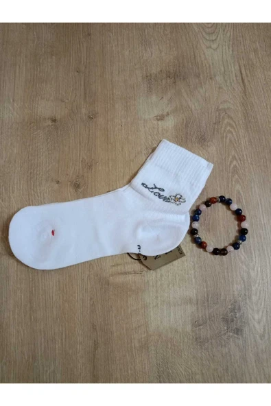 TAŞLI LOVE ÇİÇEK DESENLİ KOKULU LİKRALI KISAKONÇ ÇORAP DİKİŞSİZ PAMUKLU KADIN BEYAZ ÇORABI 36-40 - Resim 4