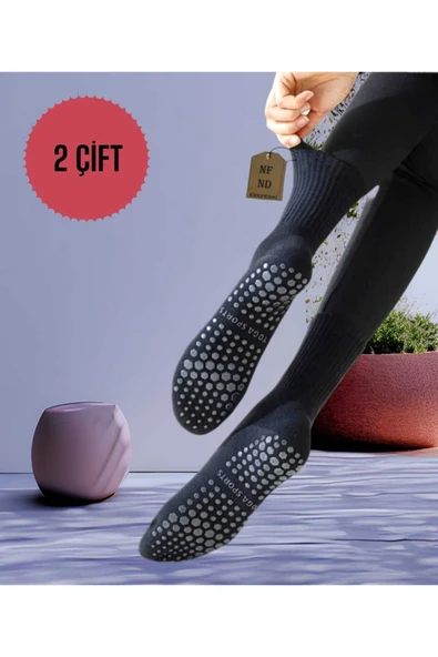 2 ÇİFT YOGA PİLATES ÇORABI KADIN SİLİKON KAYMAZ TABAN PAMUKLU SOKET TENİS ÇORAP ALTI HAVLULU SİYAH ürün görseli 1