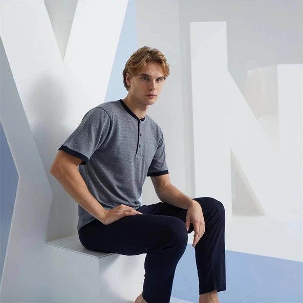 Kly 2091 Erkek Midi Yaka Pijama Takım - Resim 2