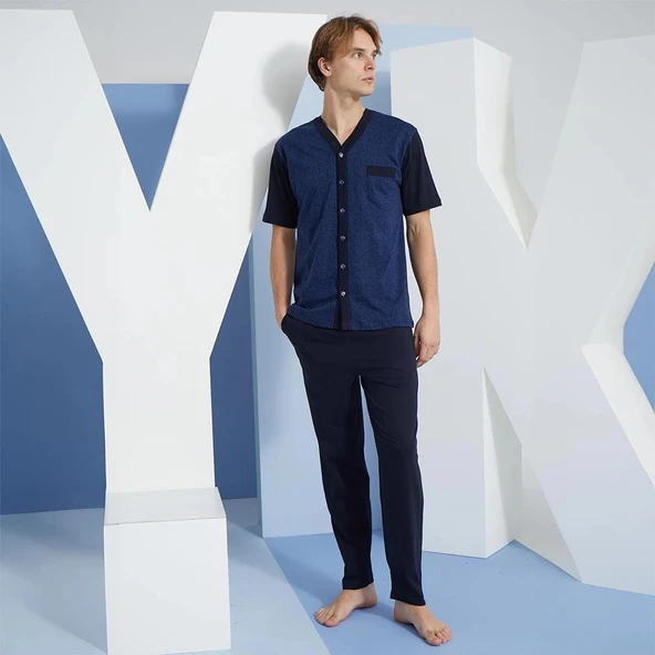 Kly 2097 Erkek V- Yaka Düğmeli Pijama Takım - Resim 2