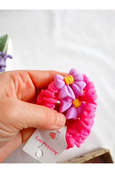 2 Adet Lastikli Toka Rahat Fiyonk Aksesuarlı Fuşya Pembe Hediye Kız Çocuk Genç - Resim 2