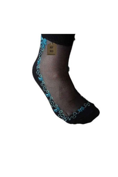 TÜL PAMUK ELASTAN ÇORAP KISA KONÇ KOKULU TURKUAZ ÇİÇEKLİ RAHAT ESNEK TÜLLÜ ÇORABI 36-40 ürün görseli 1