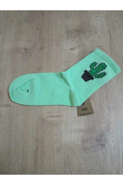 Dikişsiz Kaktüs Desenli Pamuklu Yumuşak Çorap Kaktüslü Arakonç Kadın Yeşil Soket Çorabı 36-40 - Resim 3