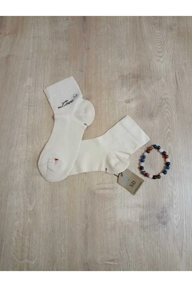 TAŞLI LOVE ÇİÇEK DESENLİ KOKULU LİKRALI KISAKONÇ ÇORAP DİKİŞSİZ PAMUKLU KADIN KREM ÇORABI 36-40 - Resim 2