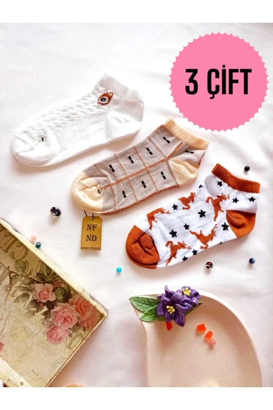 3 ÇİFT PAMUKLU PATİK ÇORAP BURUN DİKİŞSİZ KISA KONÇ DESENLİ KADIN ÇORABI 36-40 KREM BEYAZ ürün görseli