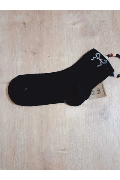 KISAKONÇ KURDELE TAŞLI ÇORAP KOKULU  LİKRALI  DİKİŞSİZ PAMUKLU SİYAH KADIN ÇORABI 36-40 - Resim 2