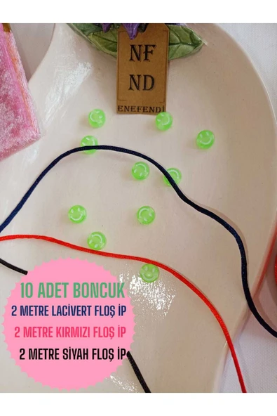 2m SİYAH 2m LACİVERT 2m KIRMIZI FLOŞ İP VE 10 GÜLEN YÜZ YEŞİL BONCUK BİLEKLİK APARATI PLASTİK HEDİYE ürün görseli 1