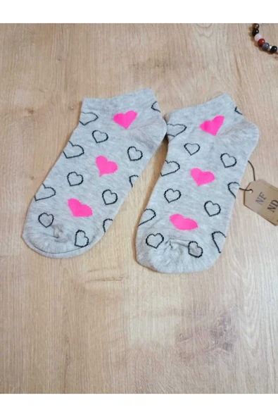 PATİK KALP DESENLİ KALPLİ KADIN ÇORABI PAMUKLU KISAKONÇ GRİ  ÇORAP 36-40 - Resim 2