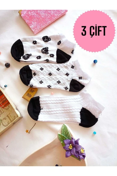 3 ÇİFT ÇORAP PAMUKLU BURUN DİKİŞSİZ PATİK YUMUŞAK KISA KONÇ DESENLİ KADIN ÇORABI 36-40 ürün görseli 1