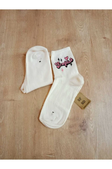 DESENLİ PAMUKLU YUMUŞAK ÇORAP ARAKONÇ KADIN EKRU KREM SOKET ÇORABI 36-40 - Resim 3