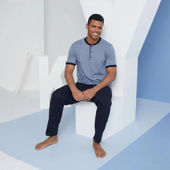 Kly 2091 Erkek Midi Yaka Pijama Takım - Resim 3