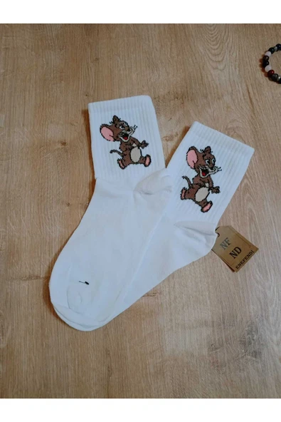Jerry Hayvan Desenli Pamuklu Çorap Arakonç Kadın Beyaz Soket Dikişsiz Çorap 36-40 - Resim 3
