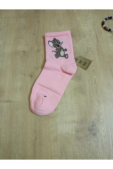 Jerry Hayvan Desenli Pamuklu Çorap Arakonç Kadın Pembe Soket Dikişsiz Çorap 36-40 - Resim 2