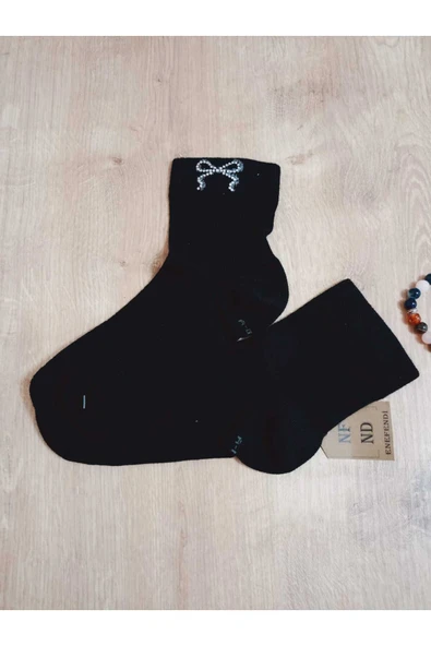 KISAKONÇ KURDELE TAŞLI ÇORAP KOKULU  LİKRALI  DİKİŞSİZ PAMUKLU SİYAH KADIN ÇORABI 36-40 - Resim 3