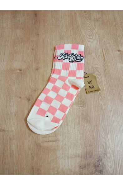 PEMBE KARE DESENLİ PAMUKLU YUMUŞAK ÇORAP ARAKONÇ KADIN KREM PEMBE SOKET ÇORABI 36-40 ürün görseli