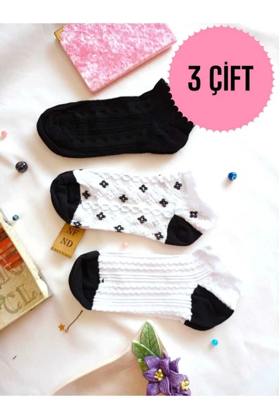 3 ÇİFT BURUN DİKİŞSİZ ÇORAP PATİK YUMUŞAK PAMUKLU KISA KONÇ DESENLİ KADIN ÇORABI 36-40 ürün görseli 1