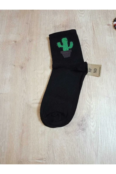 Dikişsiz Kaktüs Desenli Pamuklu Yumuşak Çorap Kaktüslü Arakonç Kadın Gri Soket Çorabı 36-40 ürün görseli 1