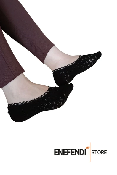 BABET ÇORAP 2 ÇİFT KADIN MERSERİZE DANTELLİ FİLE PAMUKLU GÖRÜNMEZ ÇORABI SİYAH BEYAZ - Resim 3