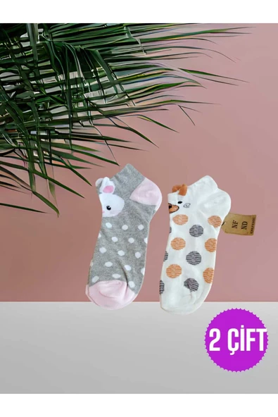 PATİK ÇORAP KULAKLI PAMUKLU DESENLİ KADIN ÇORABI 36-40 PUANTİYELİ VE GRİPEMBE 2 ÇİFT ürün görseli 1