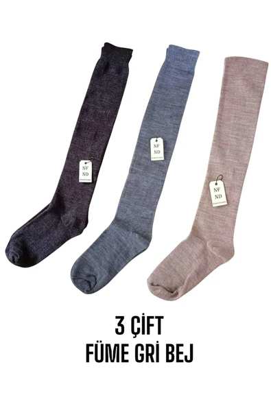 ANNE ÇORABI 3ÇİFT DİZALTI KALIN SICAK LİKRALI ESNEK YÜNLÜ RAHAT UZUN ÇORAP 36-40 FÜME GRİ BEJ ürün görseli 1
