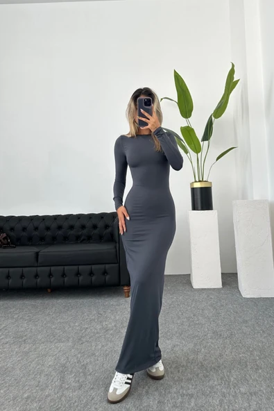 Khar Antrasit Uzun Kollu Maxi Bisiklet Yaka Elbise ürün görseli 1