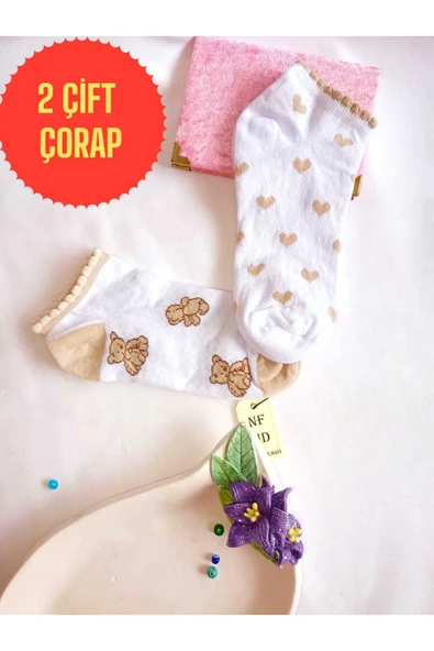 2 ÇİFT PATİK ÇORAP DİKİŞSİZ PAMUKLU KISA KONÇ DESENLİ KADIN ÇORABI BEYAZ KAHVERENGİ 36-40 ürün görseli 1