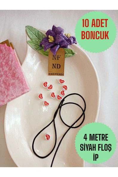 4 METRE FLOŞ İP SIÇAN KUYRUĞU KALINLIĞI 2mm SİYAH BİLEKLİK TAKI HEDİYELİK İPİ VE 10 LOVE BONCUK ürün görseli