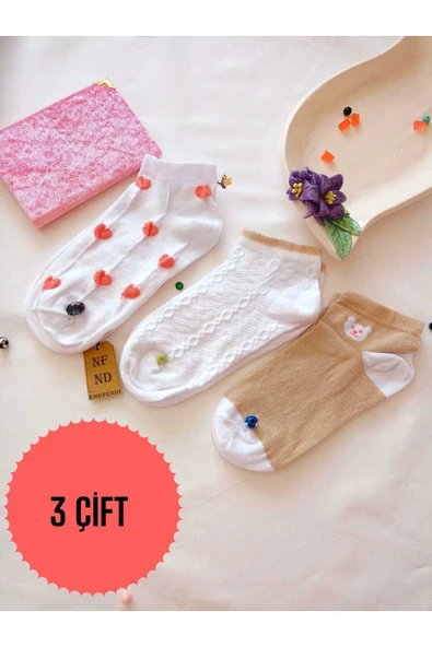 3 ÇİFT KADIN ÇORAP BURUN DİKİŞSİZ YUMUŞAK PAMUKLU KISA KONÇ DESENLİ PATİK ÇORABI 36-40 ürün görseli 1