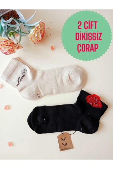 2 ÇİFT GÜL LOVE TAŞLI PAMUKLU BURUN DİKİŞSİZ KOKULU KISA KONÇ ÇORAP KREM SİYAH KADIN ÇORABI 36-40 ürün görseli 1
