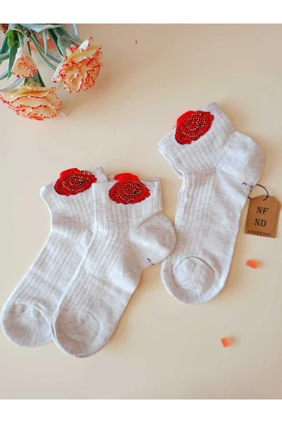 2 ÇİFT GÜL TAŞLI PAMUKLU BURUN DİKİŞSİZ KOKULU LİKRALI KISA KONÇ ÇORAP GRİ SİYAH KADIN ÇORABI 36-40 - Resim 4