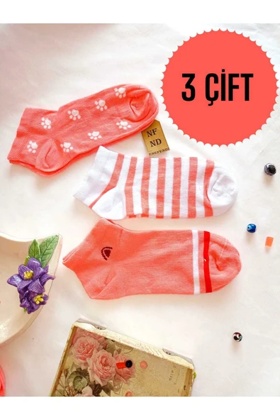 3 ÇİFT PAMUKLU PATİK ÇORAP BURUN DİKİŞSİZ KISA KONÇ DESENLİ KADIN ÇORABI 36-40 BEYAZ PEMBE ürün görseli 1