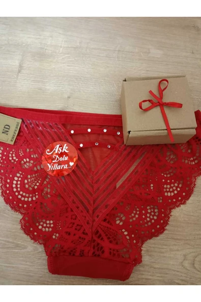 DANTELLİ KIRMIZI YILBAŞI GÜPÜRLÜ TAŞLI TRANSPARAN NOEL HEDİYE PAKETLİ  KÜLOT  38-40 İÇÇAMAŞIRI - Resim 3