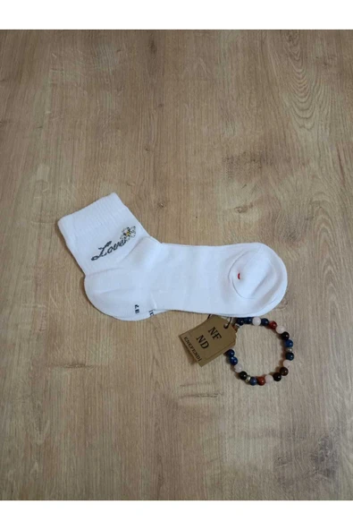 TAŞLI LOVE ÇİÇEK DESENLİ KOKULU LİKRALI KISAKONÇ ÇORAP DİKİŞSİZ PAMUKLU KADIN BEYAZ ÇORABI 36-40 - Resim 3