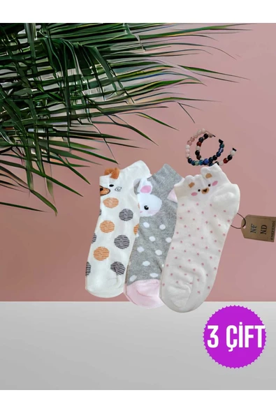 PATİK ÇORAP KULAKLI PAMUKLU DESENLİ KADIN ÇORABI 36-40 PUANTİYELİ, GRİPEMBE VE KREM 3 ÇİFT ürün görseli 1