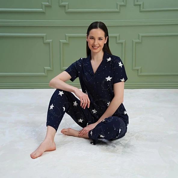 Over Sleep 1171 Kadın Kısa Kol Önden Düğme Pijama Takım ürün görseli 1