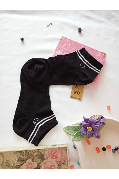 3 ÇİFT KADIN ÇORAP BURUN DİKİŞSİZ PAMUKLU KISA KONÇ DESENLİ PATİK ÇORABI 36-40 SİYAH BEYAZ - Resim 7