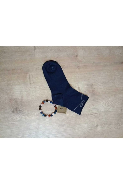 KURDELE TAŞLI LASTİKSİZ KOKULU LİKRALI KISAKONÇ  ÇORAP DİKİŞSİZ PAMUKLU LACİVERT KADIN ÇORABI - Resim 3