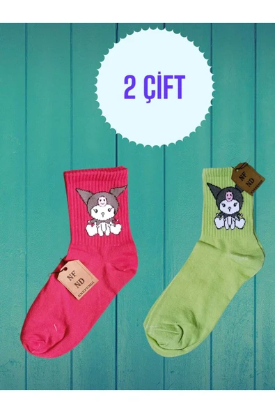 2 ÇİFT KUROMİ SANRİO ÇORAP YUMUŞAK KISA KONÇ DESENLİ 36-40 YEŞİL VE PEMBE RENK ürün görseli 1