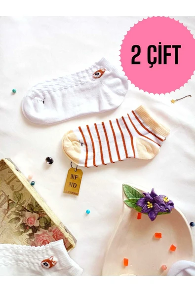 2 ÇİFT PATİK ÇORAP DİKİŞSİZ PAMUKLU KISA KONÇ DESENLİ KADIN ÇORABI 36-40 BEYAZ ÇİZGİLİ ürün görseli 1