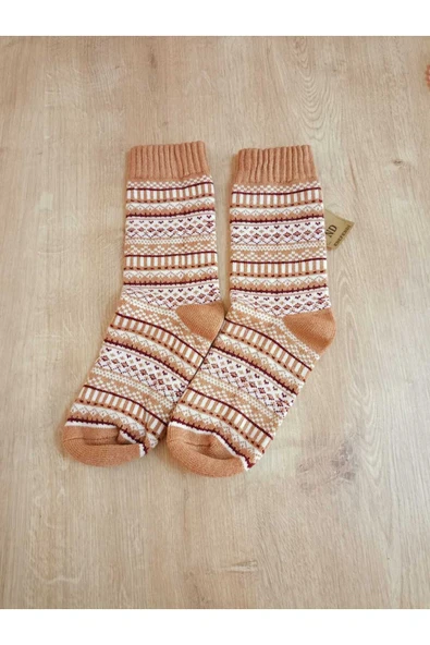 HAVLULU KIŞLIK YUMUŞAK SICAK YILBAŞI MOTİF DESENLİ ETNİK KADIN ÇORABI PAMUKLU KAHVE BEYAZ ÇORAP - Resim 6