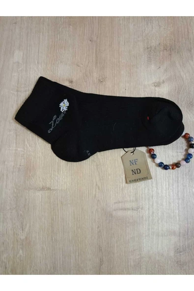 TAŞLI LOVE ÇİÇEK DESENLİ KOKULU LİKRALI KISAKONÇ ÇORAP DİKİŞSİZ PAMUKLU KADIN SİYAH ÇORABI 36-40 - Resim 6