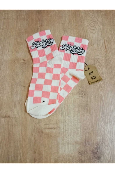 PEMBE KARE DESENLİ PAMUKLU YUMUŞAK ÇORAP ARAKONÇ KADIN KREM PEMBE SOKET ÇORABI 36-40 - Resim 3