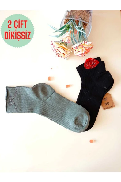 2 ÇİFT PAMUKLU BURUN DİKİŞSİZ GÜLTAŞLI KOKULU LİKRALI KISAKONÇ ÇORAP YEŞİL SİYAH KADIN ÇORABI 36-40 - Resim 3