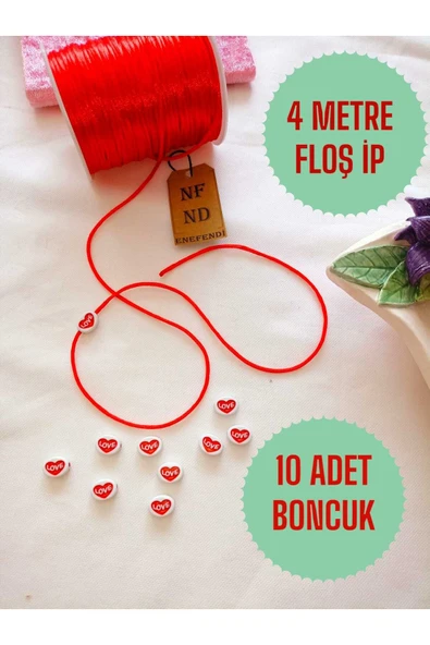 4 METRE FLOŞ İP SIÇAN KUYRUĞU KALINLIĞI 2mm KIRMIZI BİLEKLİK TAKI HEDİYELİK İPİ VE 10 LOVE BONCUK ürün görseli