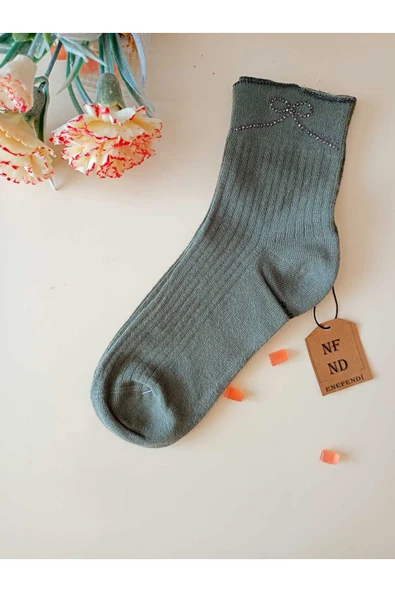 2 ÇİFT PAMUKLU BURUN DİKİŞSİZ GÜLTAŞLI KOKULU LİKRALI KISAKONÇ ÇORAP YEŞİL SİYAH KADIN ÇORABI 36-40 - Resim 4