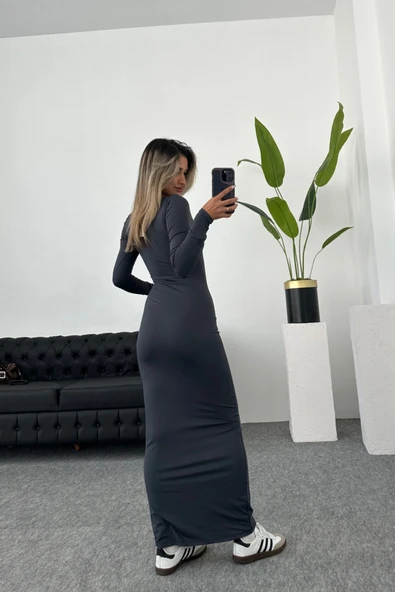 Khar Antrasit Uzun Kollu Maxi Bisiklet Yaka Elbise - Resim 3